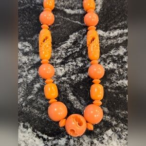 RARE Art Deco Galalith (French Bakelit) Coral Color Bead Necklace Barrel Clasp